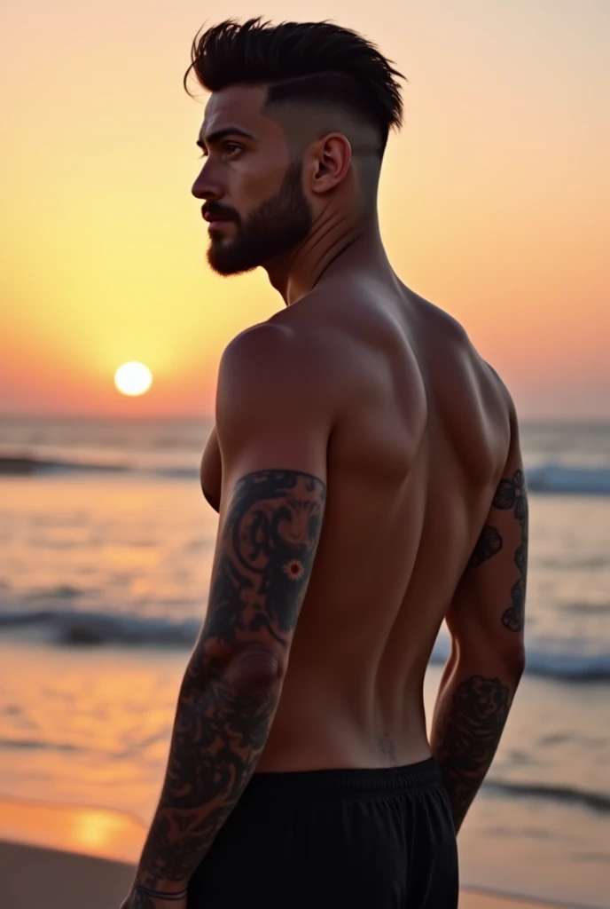 a young man AI high quality muscular tattoo with name ruy light skin tanned piercing gaze pink mouth with realistic swim trunks beach