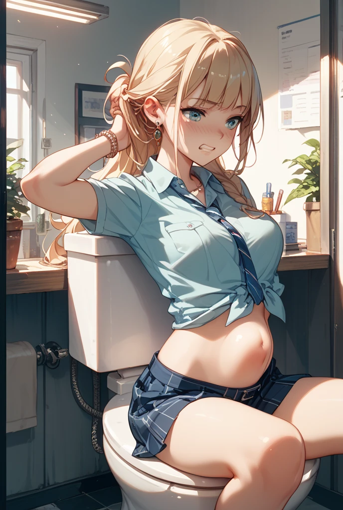 1woman, blush, open mouth, blonde hair, hair ornament, twintails, underwear, closed eyes, censored, solo focus, mosaic censoring, hair bobbles, (clothing aside), gym uniform, doggystyle, buruma, classroom, (buruma aside), back view, stomach on desk, bent over, doggy style, anal, buruma aside, anal, (dildo into vagina), 