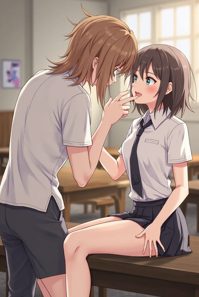 Side view, 1 girl, on her knees, anatomically correct, short black hair, blue eyes, small boobs, Japanese schoolgirl outfit, white shirt, black skirt, stockings, on her knees, on her knees, giving a blowjob to a man, man standing in front of her, man wearing leather jacket and jeans, receiving blowjob from her, school wc background, school toilet background, 8k, best quality