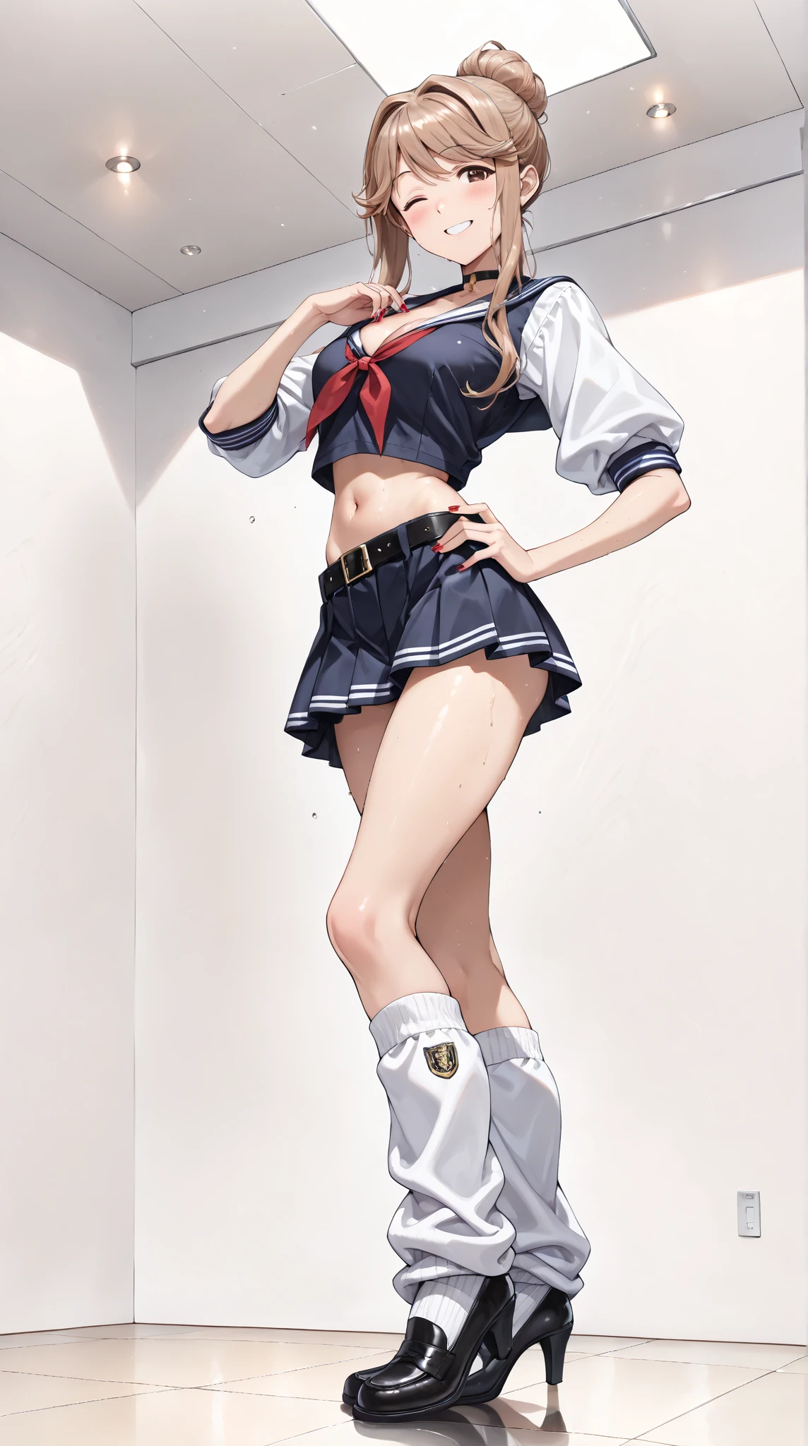 NSFW、1 girl,masterpiece、beautiful lighting、Detailed beautiful face、Detailed beautiful eyes、hight resolution、Ultra-fine illustration、extremely delicate and beautiful、top-quality、(The whole body is shown:1.5)、(eye glass:1.5)、(Cute),(Silvery hair、short-cut、bob cuts、Eyes are purple)、(drooing eyes:1.2、The eyes are detailed and beautiful),Curvaceous, A smile、(shinny hair, Glossy eyes, shinny skin), (glistning skin,de pele branca) 、(Recurve the body、up chest)、(crouching down:1.2、open one's legs:1.2),Open knees、knees up、Emphasis on the chest、Emphasized crotch、(a sailor suit、Sleeveless 、a short skirt),Skirt lift,(low rise pants:1.5)、gloves、(elbowgloves)、thighs thighs thighs thighs、Watch your audience、under the boobs、blushed、thighs thighs thighs thighs、(Black pantyhose:1.3)、Blushing cheeks、(Abs 1.2)