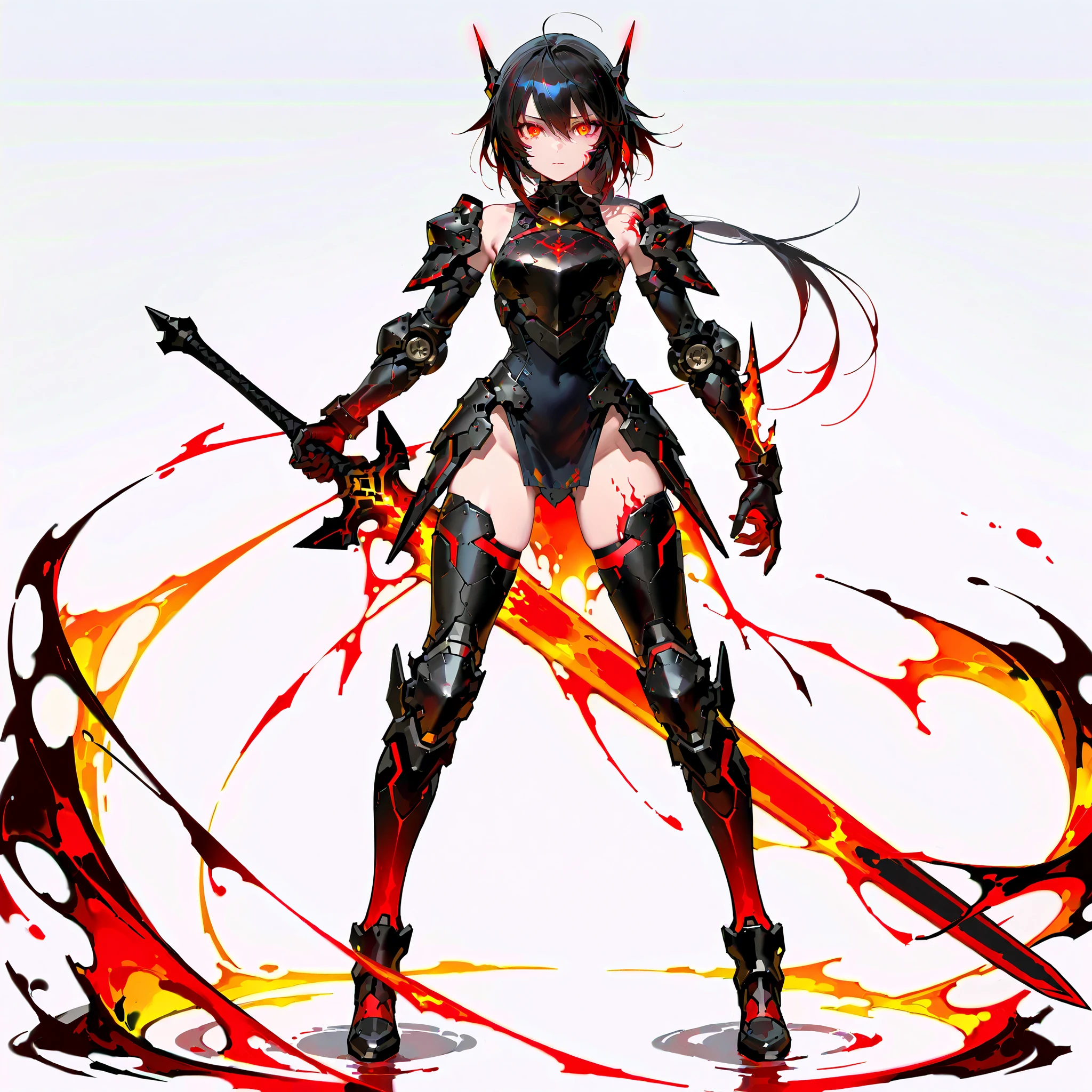 (((masterpiece))), (((Best Quality))), ((Ultra-detailed)), ((extremely delicate and beautiful)),solo, Full body, (order of yawgmoth)(phyrexian female Knight) (selamic-like skin)(glowing red-eyes)(mechanized limb)(shedding molten iron like blood)((black burned armor)),(held burning blood sword),highly detailed, Colorful, highest details, full body standing, Whole body, (((white background)))