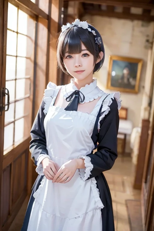 (cleavage looks bigger)(((frilldの沢山付いた豪華な白黒のクラシックMaids服、very short mini skirt))) (14 years old girl、a small face、Extremely beautiful face, natural make up)(fair white skin)(sparkly eyes)1人,, Bright smile、face lights, Short Bob、Hair hanging over the ears、,round big breasts、Beautiful valley、thin-waist、large hips, Dress, frilld,,, interior of an old western house,(((Standing backwards、Looks Back))), shortsleeves, , Maids, Maidsエプロン,  Puffy sleeves,、Knee-deep shots、sticking out the buttocks