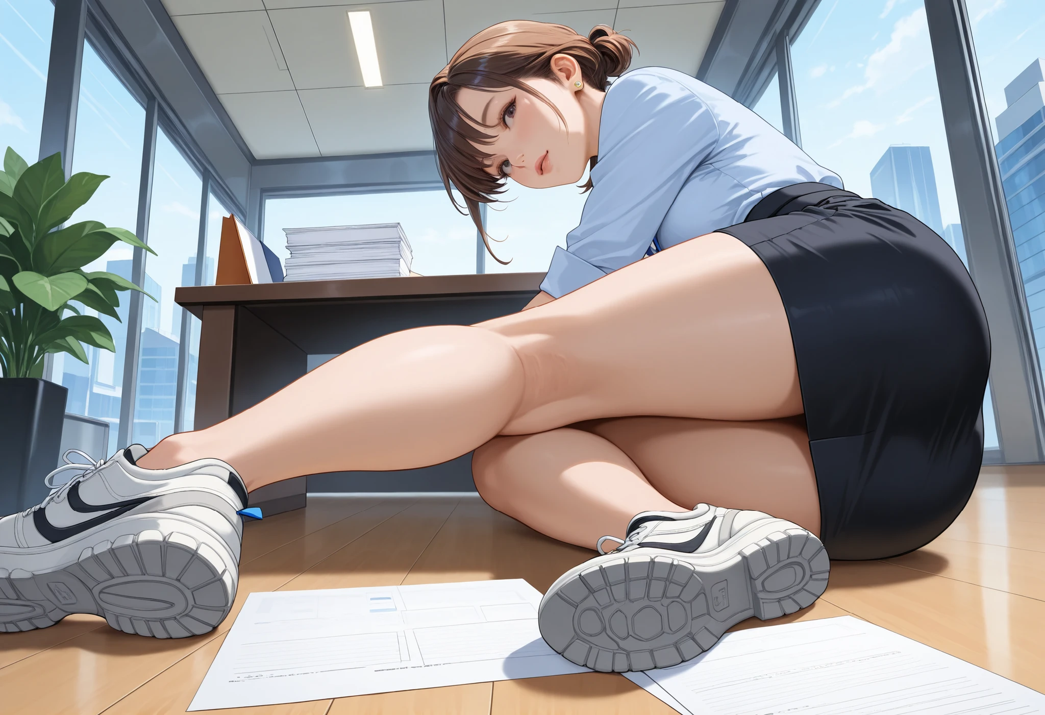 a receptionist woman, rugged sneakers, pencil-skirt, tiny earrings, bringing some documents, window has city view, plant, floor, ceiling, realistic skin,