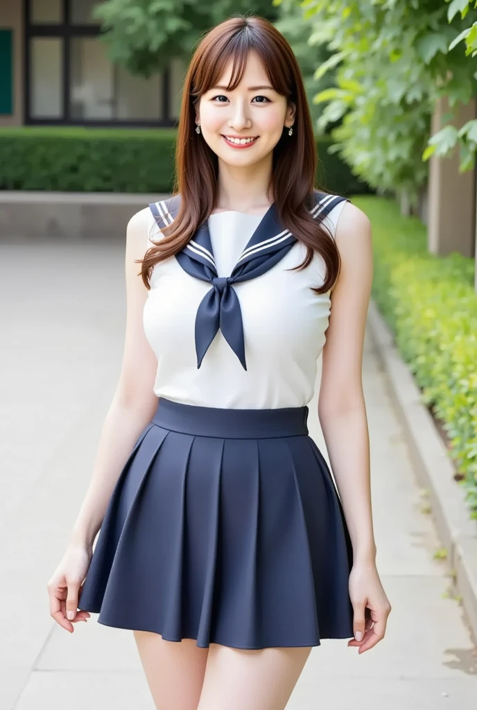  sailor suit 、composition taken by pulling a camera、my whole body covered in liquid is shown、dark brown beautiful hair、Ears sticking out、smile、round face、big breasts、Big Breasts、thin waist、she's standing、Her body is facing diagonally to the side、You can even see my feet、pleated skirt、The hair is long hair that grows nicely and straight、Poses to show off big breasts、 The background is a park on a sunny day