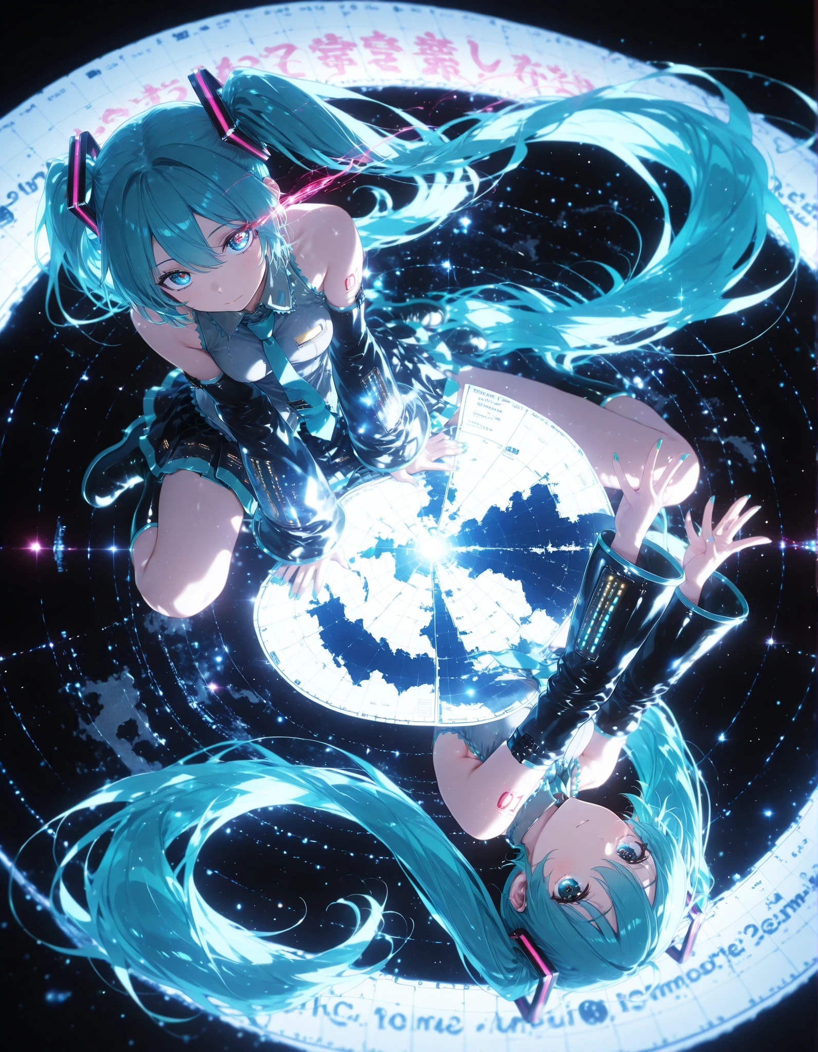 Hatsune Miku, black background, colorful, lively, Glowing Contours, neon light, eye trail:1.4, ((Full Body Map, Rotational Symmetry)), look at viewers, stretch your arms, Glamorous Light , bright colors, Shallow Depth of Field, photogenic, ultra high resolution, RAW PHOTO, (best quality:1.2, CG illustration, masterpiece:1.2, Best Aesthetics),