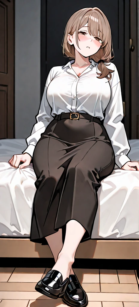 ((super high quality,Ultra-high resolution,16K,super masterpiece,Ultra HD ,Detailed shading,))Full body photo,One sexy mature woman,((popped collar Pink shirts,Long sleeve,sexly, ))Red pencil skirt,Looking into the camera,Brown medium long hair,smile,Thick lips,Sweaty,A small amount of drooling,Dark bedroom at night,Lying on the bed,