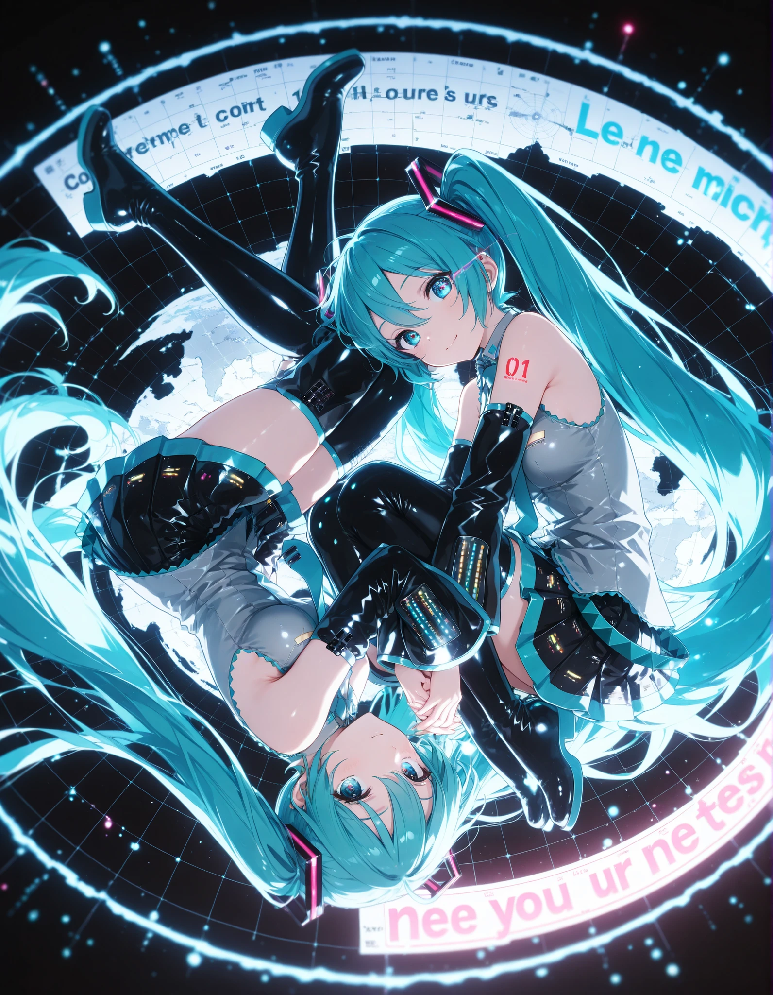 Hatsune Miku, black background, colorful, lively, Glowing Contours, neon light, eye trail:1.4, ((Full Body Map, Rotational Symmetry)), look at viewers, Hug your own lap, Glamorous Light , bright colors, Shallow Depth of Field, photogenic, ultra high resolution, RAW PHOTO, (best quality:1.2, CG illustration, masterpiece:1.2, Best Aesthetics),