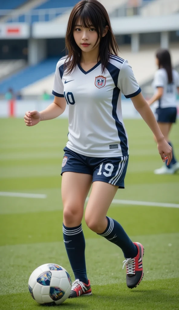 soccer girl、Black Hair Wolf Cut、Long、Wear a soccer uniform、The background is dribbling on the ground、