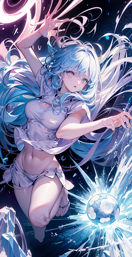 light blue long hair，[light blues|Pink big breasts]the hair，dual horsetail，Powder-blue heterochromatic eyes，Loving pupils，Girl，huge tit，White sport ripped shorts，White off-the-shoulder short sleeves，The clothes were soaked with sweat，