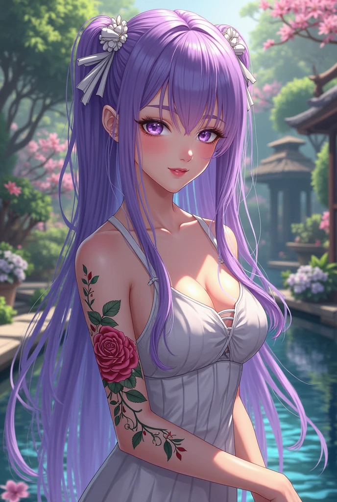 gran calidad ++ Extremely detailed high resolusionolution, very aesthetic, ojos expresivos, (((Cara perfecta))), (((face symmetrical))), ((good anatomy)), (((manos perfectas))), (((8k))), UHD, Fondo de pantalla HD, (((alta calidra detallada, (((((1girl)))))), solamente, Obra maestra, La mejor calidad, high resolusion, Altamente detallado, (illustration), hermosos ojos detallados, (((combatant))), (((1girl))), ((((cuerpo completo)))), (((((illyasviel von einzbern))))), ((princess_celestia)), ((((forma humana)))), (((princesa celestia humanizada))), Celestia, Celestia de My Little Poni, celestia en forma de milf, Cabello largo y ondulado, (((Ojos rojos))), (((strapless tube dress))), (((purple heart promise))), (((white dress))), (((milfication))), (((mature female))), (((gigantic breasts))), (((orejas blancas de pony, Dedos detallados))), Dedos precisos, Manos no antinaturales, strange eye, columnas griegas, exterior, hermoso bosque majestuoso, hojas de parra rodeando las columnas, arbustos de flores por todas partes, cielo despejado, bright sunny day, water lilies, bosque celestial,