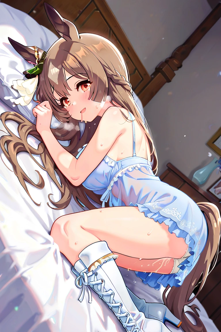 score_9, score_8_up, score_7_up, score_6_up, source_anime, masterpiece, best quality, very aesthetic, uncensored, hand_under_clothes, 1girl, breast grab, moaning, cute face, large eyes, crystal clear eyes, lace camisole, exposed nipple one side, round breasts, small breasts, hair ponytail, brown hair, hair tie, slender legs, pubic hair, excessive hairy pussy, penis, sex, pussy juice, window, window blinds