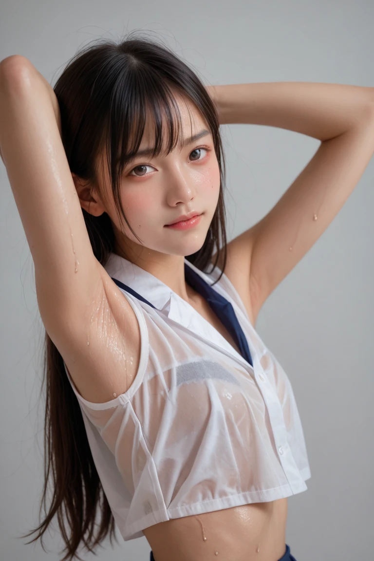 nsfw, vagina, bottomless、Sailor suit、Front facing、Undressing、Pulling down her white panties、Panties that are about to be taken off、bottomless、Short pigtails、Small breasts、Looking down、I can see her pussy、Leaning forward、the way