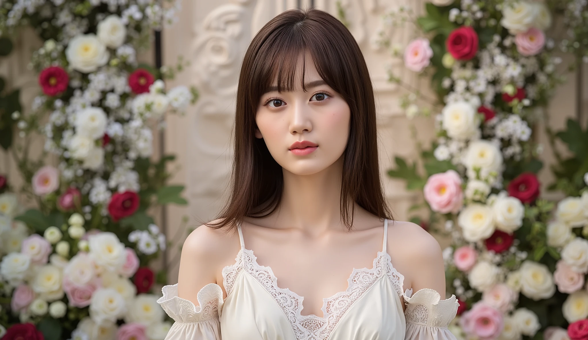 super detailed face, Very Elaborate Eyes, super detailed lips, realistic textured skin, Clay sculpture, Statue of a Standing Woman, long hair, wavy hair with a graceful expression, lots of flowers , Lots of Feathers , rich art nouveau pattern, rich texture, Harmonious Colors, Elegance and luxurious beauty intertwined with ornamental curls, (nude attractive body contrast), Symbolism, Elegance, Hyperrealism, High Detail, fantasy style, Greg Latkowski, Ciro Marchetti,