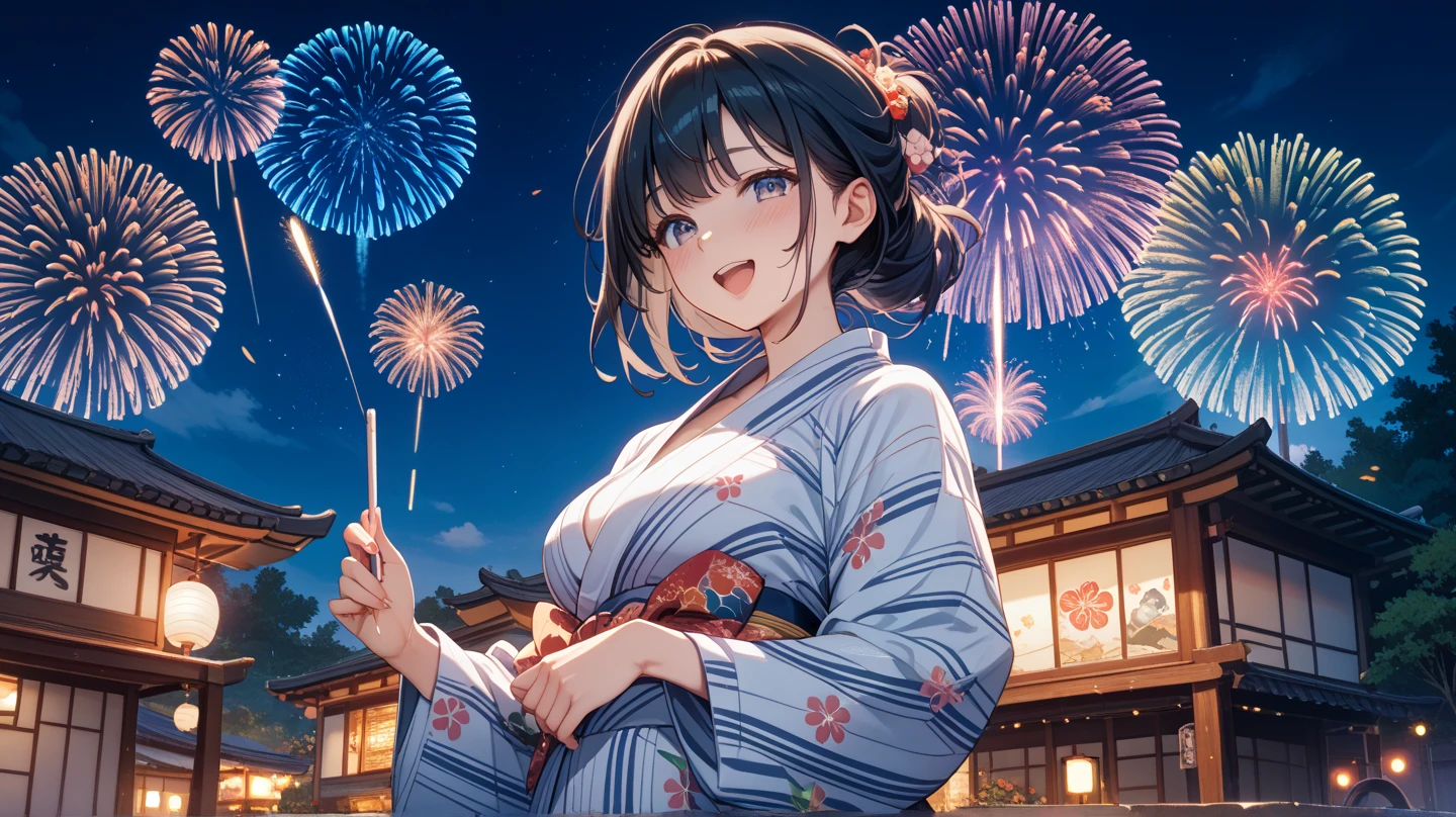 yukata、firework、Cleavage、Gaze, smile, Open your mouth, Brown Hair, Blushing, Small breasts、Background blur,