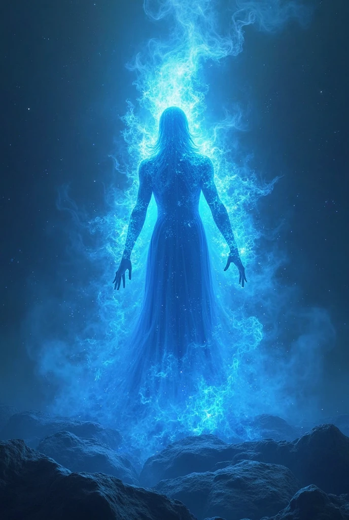 I need the same character to emanate a form of power similar to Meliodas' Wrath Claw from Nanatsu no Taizai this time., but with Cobalt Blue aura (MAKE THE IMAGE WITH JAPANESE ANIME LINE) and written The Eminent Divine Spirit on the image