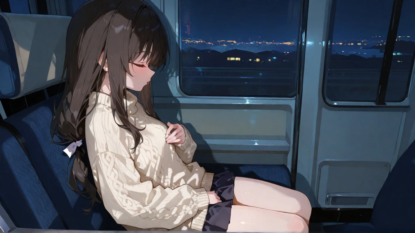 A young girl sits alone on a blue train, gripping a white book. The train's interior is bathed in a cool blue hue, with light wooden flooring and a large window revealing a cityscape outside. The girl's expression is one of deep concentration, as if she's lost in the pages of the book. She's wearing a blue sweater and a white skirt, with a beige backpack next to her on the bench. The window shows a city skyline, with the top of a tall building just visible. The weather outside appears to be sunny, with a few clouds scattered across the sky.#Makoto Shinkai's Style