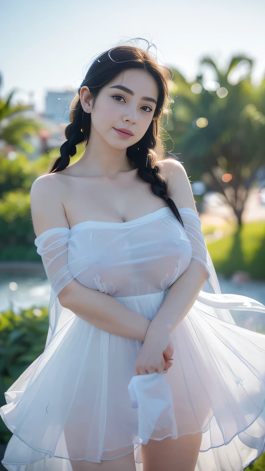 masterpiece, hinata\(boruto\), 1girl, mature women, (((Lace ribbon Cotton Nightdress))), (((selfie))), (((Close-up photo))), (((cleavage))), (((Closed Clothing))), (((big breasts))), (((big round breasts))), (((round breasts))), (((extremely heavy breasts))), (((Colossal tits))), (((heavy breasts))), (((plump breasts))), (((super big breasts))), (((super round breasts))), (((perfect breasts))), (((night photo))), (((bokeh))), (((motion blur))), (((outdoor))), (shy face), detailed lips, beautiful face, blush, (pink lips), (((long hair))), white eyes, gentle gaze, smile, super realistic, detailed, realistic face and body, realistic hair, realistic eyes, realistic nose, realistic lips, seductive pose, (((straight bangs))), (dark blue hair), 28 year old girl
