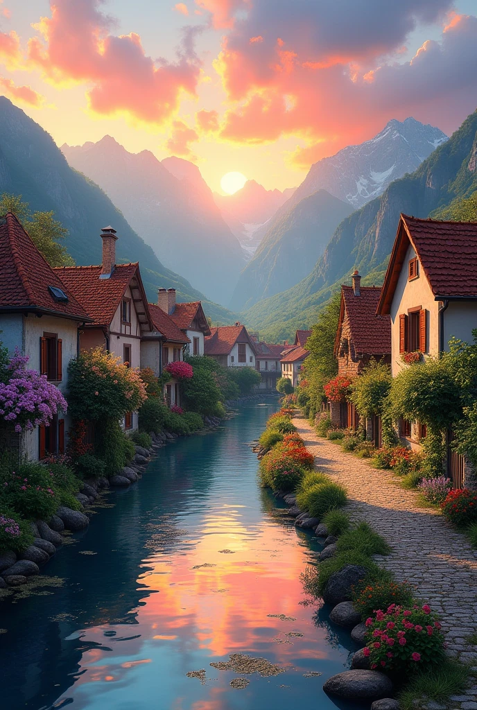 A small riverside village, mountains in the background, colorful ...