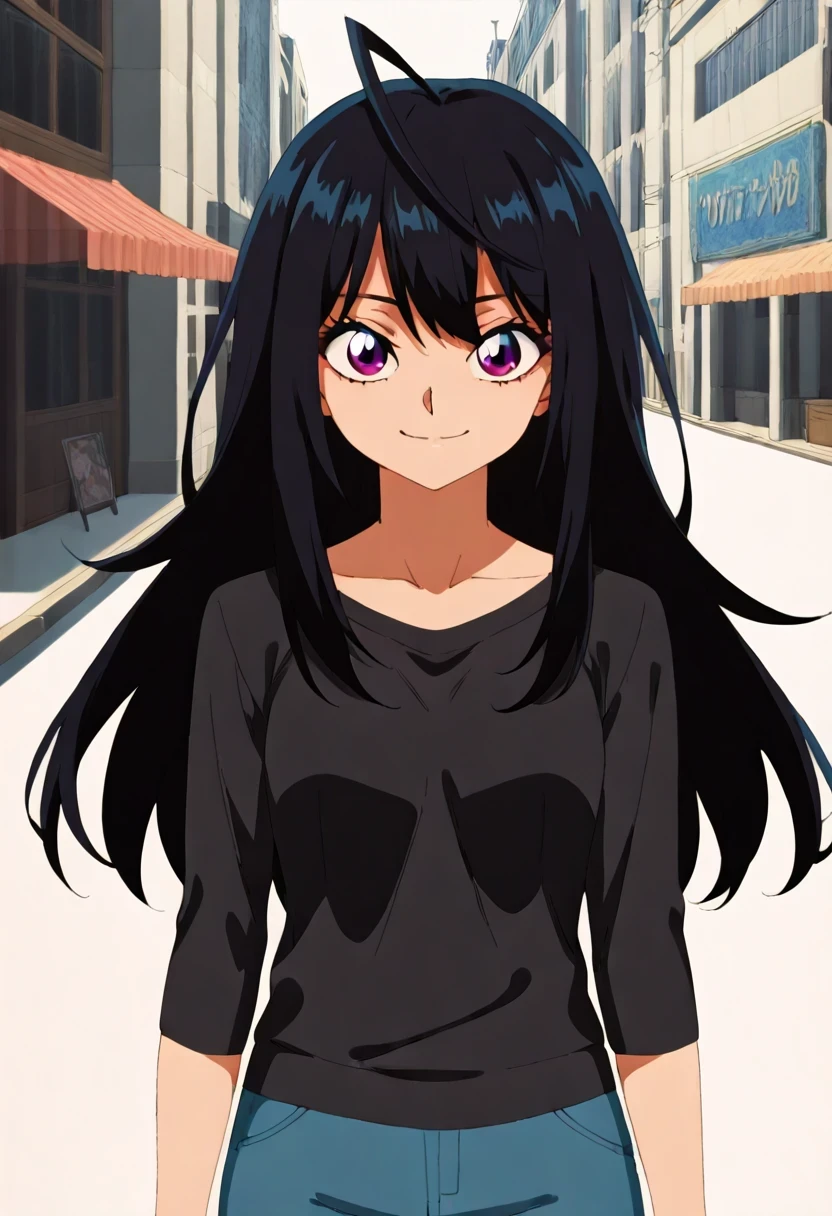 (1girl:1.5),
masterpiece,highest quality,Super detailed,32K,High resolution,an extremely delicate and beautiful,Official Art,Perfect Anatomy,
(Contrasting colors,octane rendering,Fully painted,anime coloring,anime screencap,Cel-shaded anime,retro artstyle:1.1),
perfect face,ultradeTailed eyes,beautiful,sexy,supermodel,athletic body,shiny skin,Dramatic light,(scale to fit the dimensions:1.2),((slightly narrow eyes:1.3)),
yonagi_kei,purple eyes,black hair,long hair,ahoge,black short-sleeved shirt,blue Chino pants,smile,
Shopping Street,