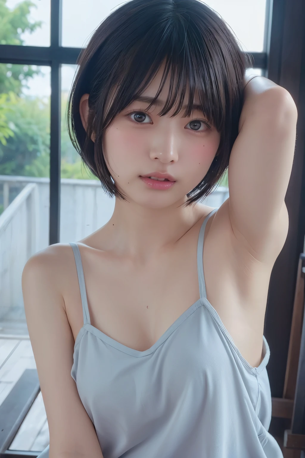 ( bob cut hair :1.2),( camisole:1.heer:1.4), 1 girl, Japanese ,21 years old,( small breasts:1.3),( top quality,masterpiece:1.3, super A high resolution,),( ultra detail , caustics ),( photorealistic:1.4,RAW shooting,) super realistic capture , very detailed, high resolution 16K close-up of human skin 。 Natural Skin Texture、,pores、 small 、 must be detailed enough to be easily identified。 skin must be uniform and healthy 。 Uses natural light and colors, shy expression , staring at the camera , perfect dynamic composition, flat chest、mole、((Under both armpits:1.2))、blush、sweat、発sweat、流れるsweat、 sit on the floor、 headdress、 wet、