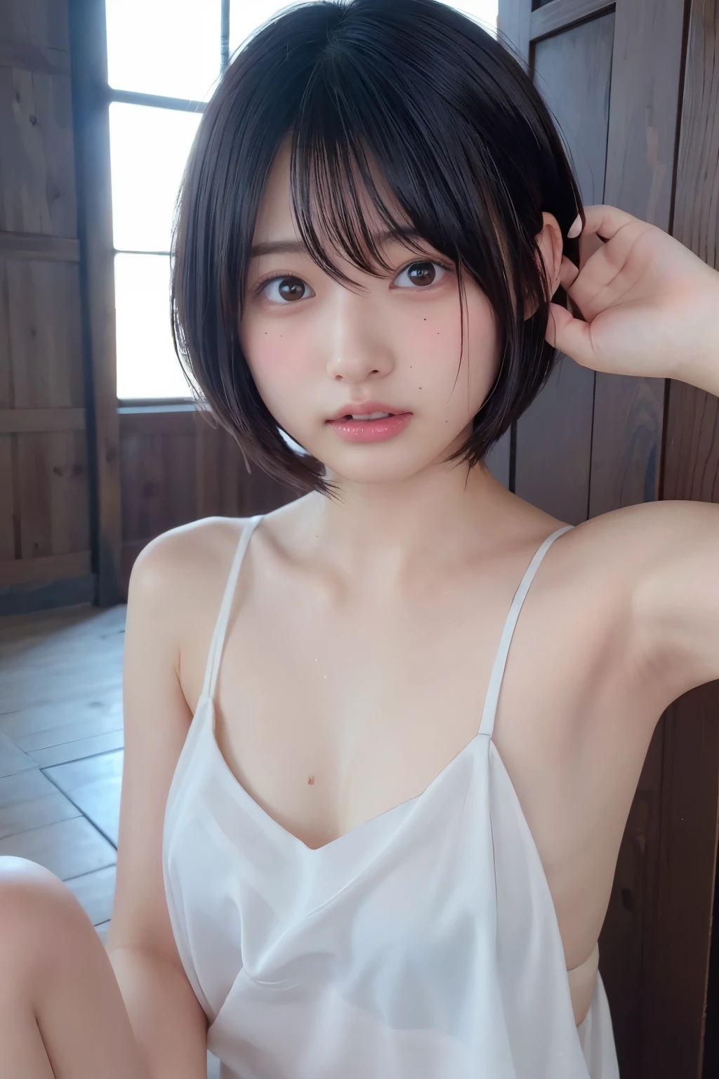 ( bob cut hair :1.2),( camisole:1.heer:1.4), 1 girl, Japanese ,21 years old,( small breasts:1.3),( top quality,masterpiece:1.3, super A high resolution,),( ultra detail , caustics ),( photorealistic:1.4,RAW shooting,) super realistic capture , very detailed, high resolution 16K close-up of human skin 。 Natural Skin Texture、,pores、 small 、 must be detailed enough to be easily identified。 skin must be uniform and healthy 。 Uses natural light and colors, shy expression , staring at the camera , perfect dynamic composition, flat chest、mole、((Under both armpits:1.2))、blush、sweat、発sweat、流れるsweat、 sit on the floor、 headdress、 wet、(topless:1.7), NSFW