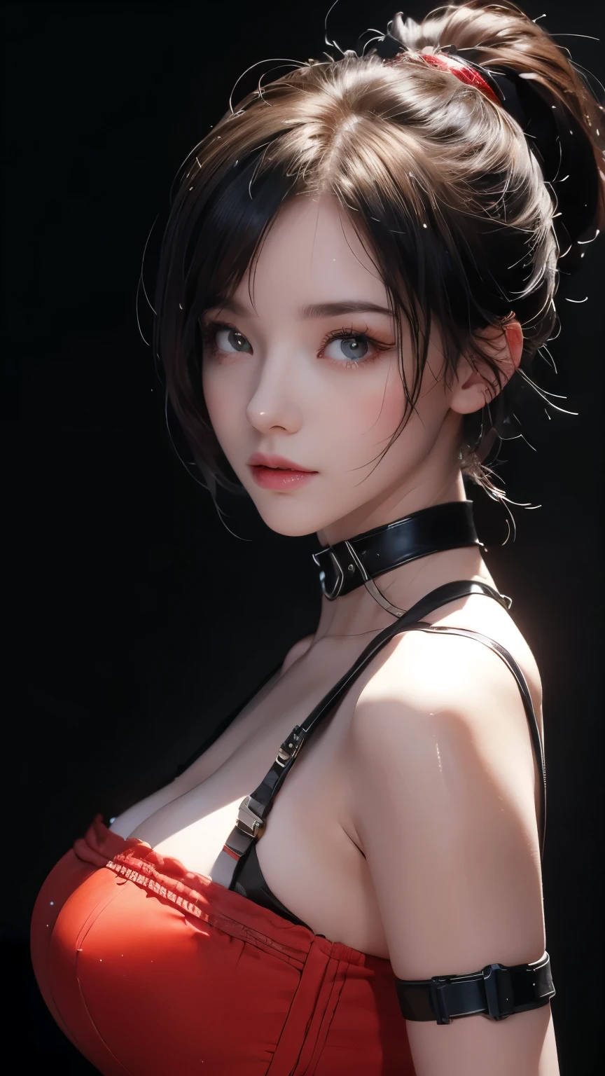 surreal), (High resolution), (8K), (very detailed), (beautiful and fine eyes), (highest quality), (super detailed), (masterpiece), (detailed face), hip up,resident evil, Beautiful Claire Redfield, With gun