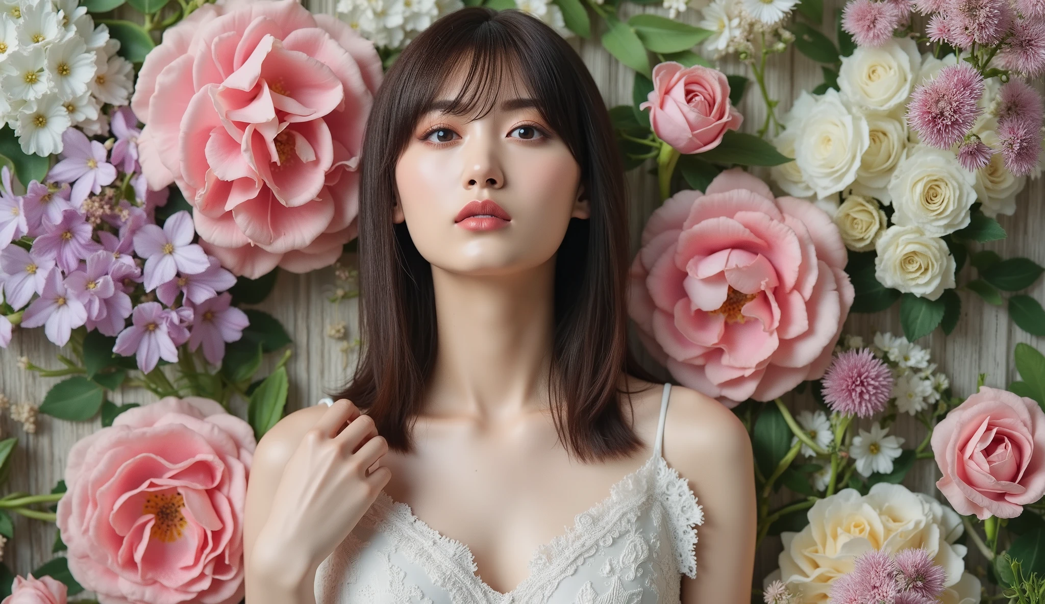 super detailed face, Very Elaborate Eyes, super detailed lips, realistic textured skin, Clay sculpture, Statue of a Standing Woman, long hair, wavy hair with a graceful expression, lots of flowers , Lots of Feathers , rich art nouveau pattern, rich texture, Harmonious Colors, Elegance and luxurious beauty intertwined with ornamental curls, (nude attractive body contrast), Symbolism, Elegance, Hyperrealism, High Detail, fantasy style, Greg Latkowski, Ciro Marchetti,