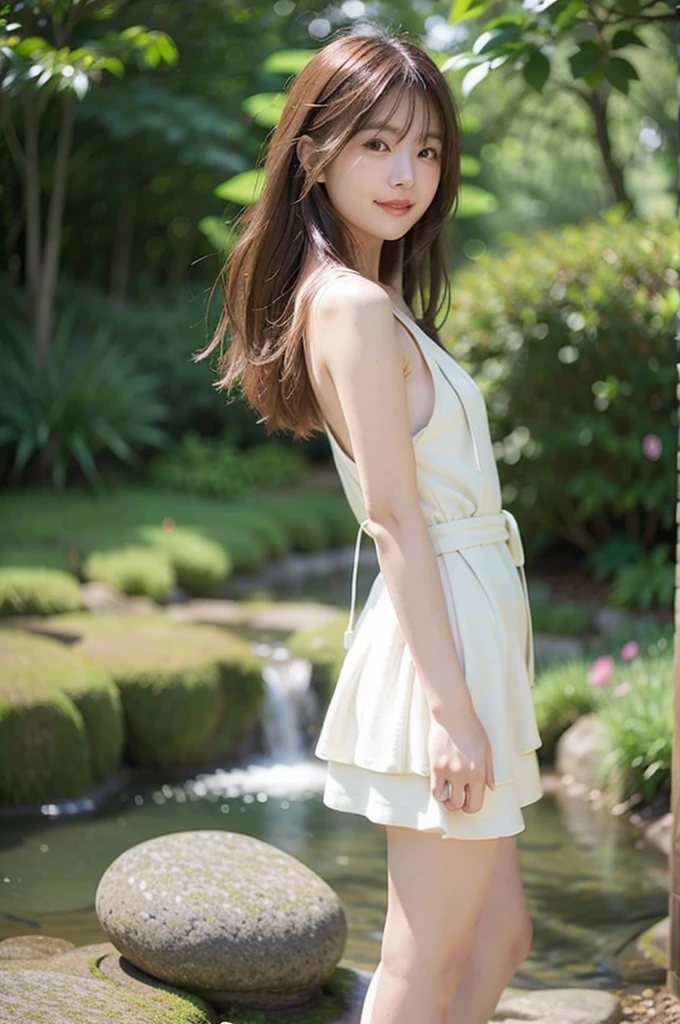 Japanese female, a lot of details, (underweight), detailed black hair, beautiful detailed hair, super fucking beautiful, delicate beautiful face, complex details beautiful and delicate eyes, perfect hands, (flat chest best quality:1.5), perfect and delicate limbs, detailed skin, best quality, ultra-detailed,(cheerful grin:1.5),(fashion show), (large audience), walking, semi long, (Cream colored loose silk long dress), dreamy atmosphere, full body shot, high angle shot, backlighting, underlighting