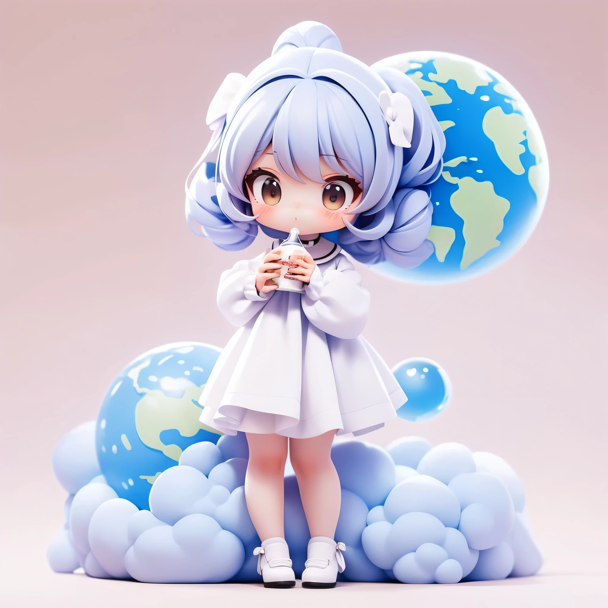 Super cute Q version，
Wearing a white dress with a big collar，Long bubble sleeve，
（ black、Slender、double ponytail hair behind the Earth:1.8），
（ full body photo of a woman :1.5），
（Hands holding milk:1.4），