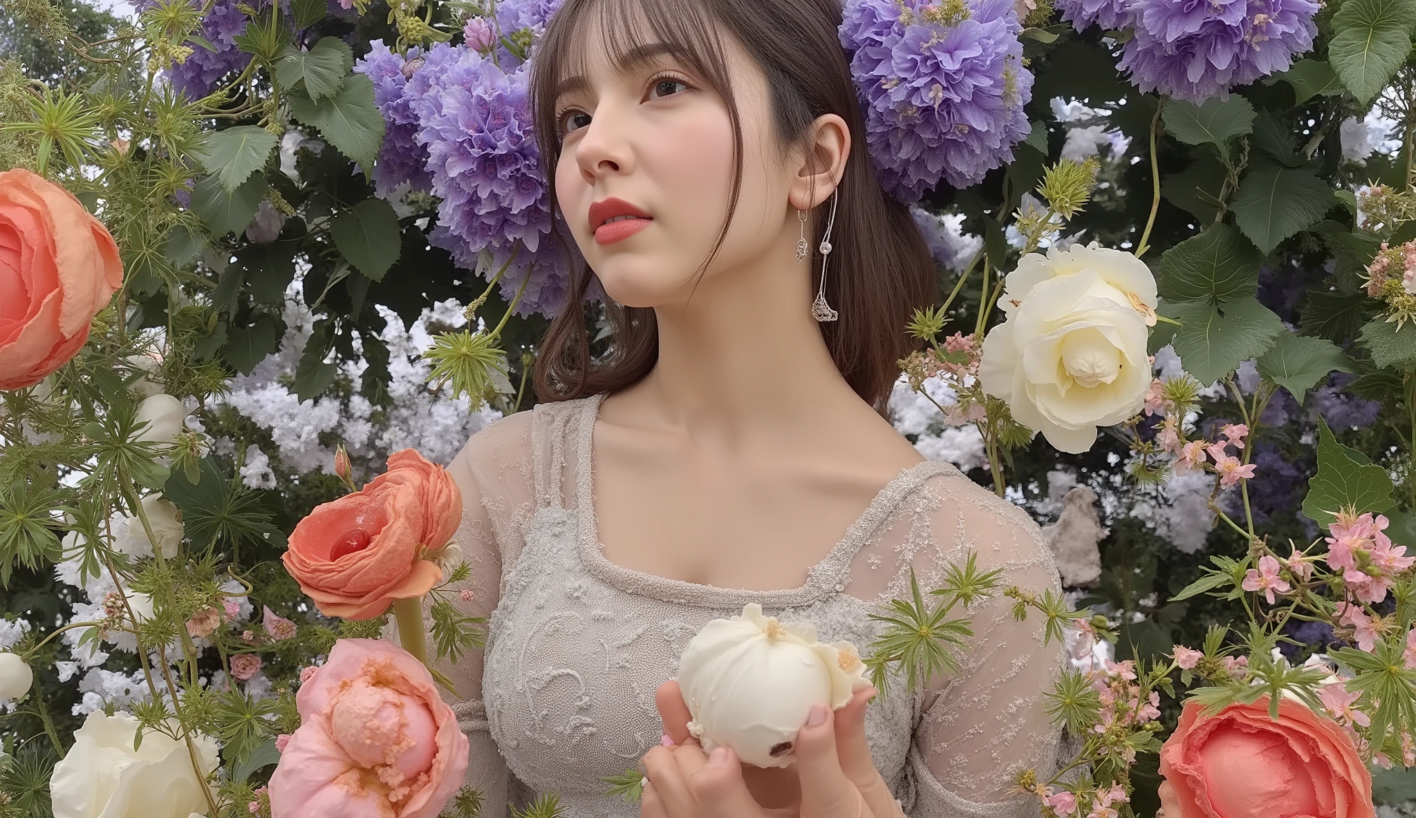 super detailed face, Very Elaborate Eyes, super detailed lips, realistic textured skin, Clay sculpture, Statue of a Standing Woman, long hair, wavy hair with a graceful expression, lots of flowers , Lots of Feathers , rich art nouveau pattern, rich texture, Harmonious Colors, Elegance and luxurious beauty intertwined with ornamental curls, (nude attractive body contrast), Symbolism, Elegance, Hyperrealism, High Detail, fantasy style, Greg Latkowski, Ciro Marchetti,