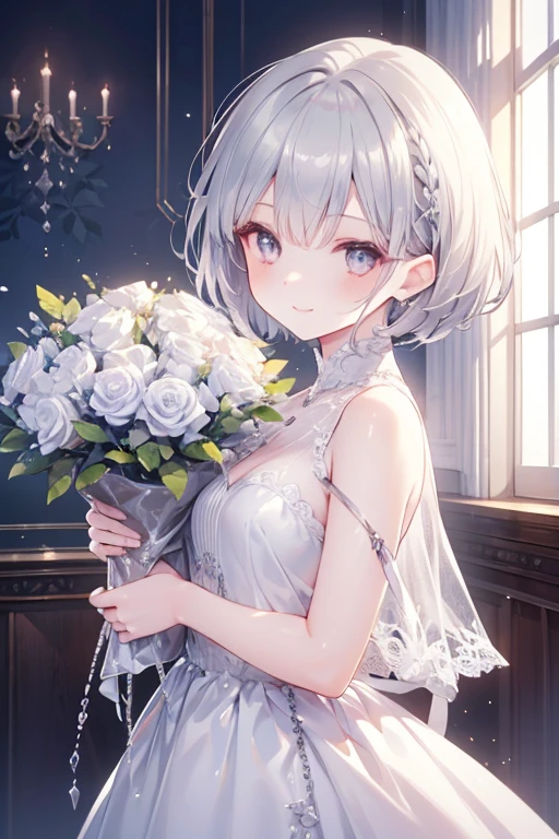 (((Masterpiece))), (((Highest quality))), ((Ultra-detailed)), ((Super fine illustration)), ((Ultra-fine painting)), (16K highest quality wallpaper:1.4), (Upper body:1.6), (Highly detailed and delicate illustration style:1.8), Detailed skin texture, Detailed cloth texture, Detailed rose flower texture, Extreme detailed description, (Highly detailed face:1.4), (Highly detailed beautiful silver fox ears:1.2), (Highly detailed beautiful silver hair:1.2), (Highly detailed, beautiful and clear eyes:1.2), Original, Intricate details, Super details, Direct light:1.6, (Perfect anatomy:1.4), (Highly detailed hands:1.2), (Highly detailed fingers:1.2), (Highly detailed fingertips:1.2), (27-years-old), Real, (Solo:1.6), ((A very beautiful and attractive silver (fox) female fashion model:1.4)) BRAKE (Beautiful and adorable silver fox ears:1.6), (Highly detailed and delicate silver fox ears:1.4), (Beautiful and well-shaped big breasts:1.2), (Beautiful and well-shaped buttocks), (Beautiful and shiny silver hair:1.6), (Highly detailed and delicate silver hair:1.4), (Beautiful clear blue eyes that shine with great detail:1.6), (Highly detailed and delicate blue eyes:1.2), (Highly detailed face:1.4), (Smile:1.4), (Looking at viewer:1.4), (Standing:1.4), (Celebration:1.4) BRAKE ((A beautiful and gorgeous off-the-shoulder princess dress that is detailed and delicate to be worn at celebratory occasions:1.4)) BRAKE ((Holding in both hands a large bouquet of highly detailed and delicate ((white and pink roses)):1.4)) BRAKE (Just after noon:1.4), (Celebration:1.4), ((Highly detailed and delicate white rose flower and pink rose flower garden background:1.4)), (Highly detailed and delicate royal palace courtyard background in just after noon in spring:1.4) BRAKE 