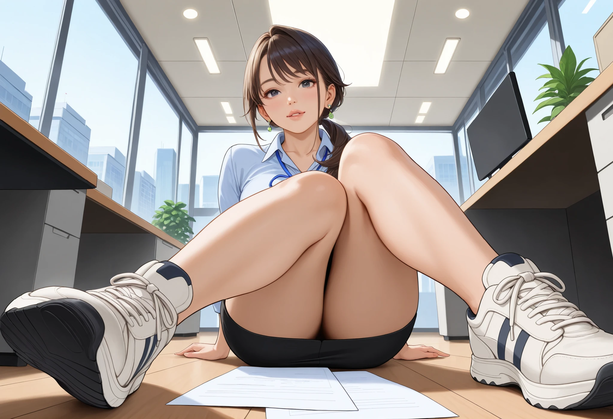 a receptionist woman on the floor, rugged sneakers, pencil-skirt, tiny earrings, bringing some documents, window has city view, plant, floor, ceiling, realistic skin,