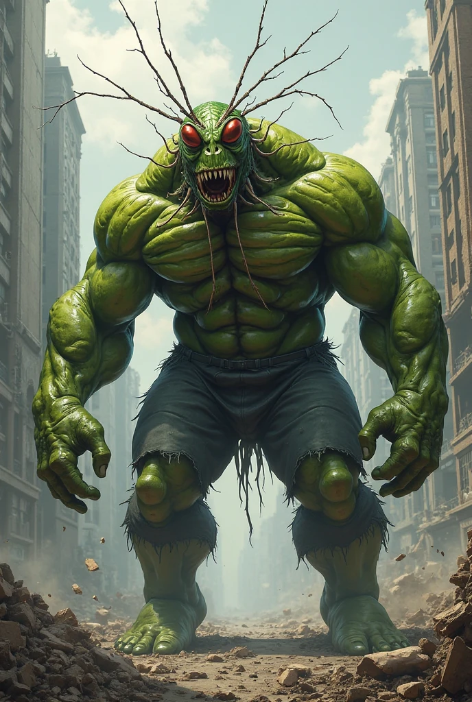 masterpiece, top quality, high resolution, detailed background , fat cyberdead, two heads, three hands, sabretooth, grotesque, tentacle machinery background, destroyed city, messy ground, wet ground, (full body:1.2),