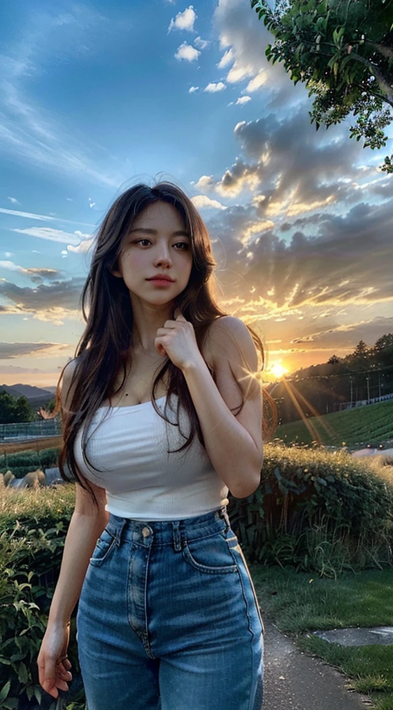 At sunset,desert,Tense atmosphere,best quality, 8K, Ultra-high resolution, (Reality: 1.4), original photo, Dramatic,1 Girl, ((desert迷彩服)), Cleavage,Long legs,Blood stains,Blood,Movie Lighting, Standing outside the white tent,Red cross sign on tent,A tall man is next to the girl,bandage,Man grabbing girl's hair,Crowd behind the girl