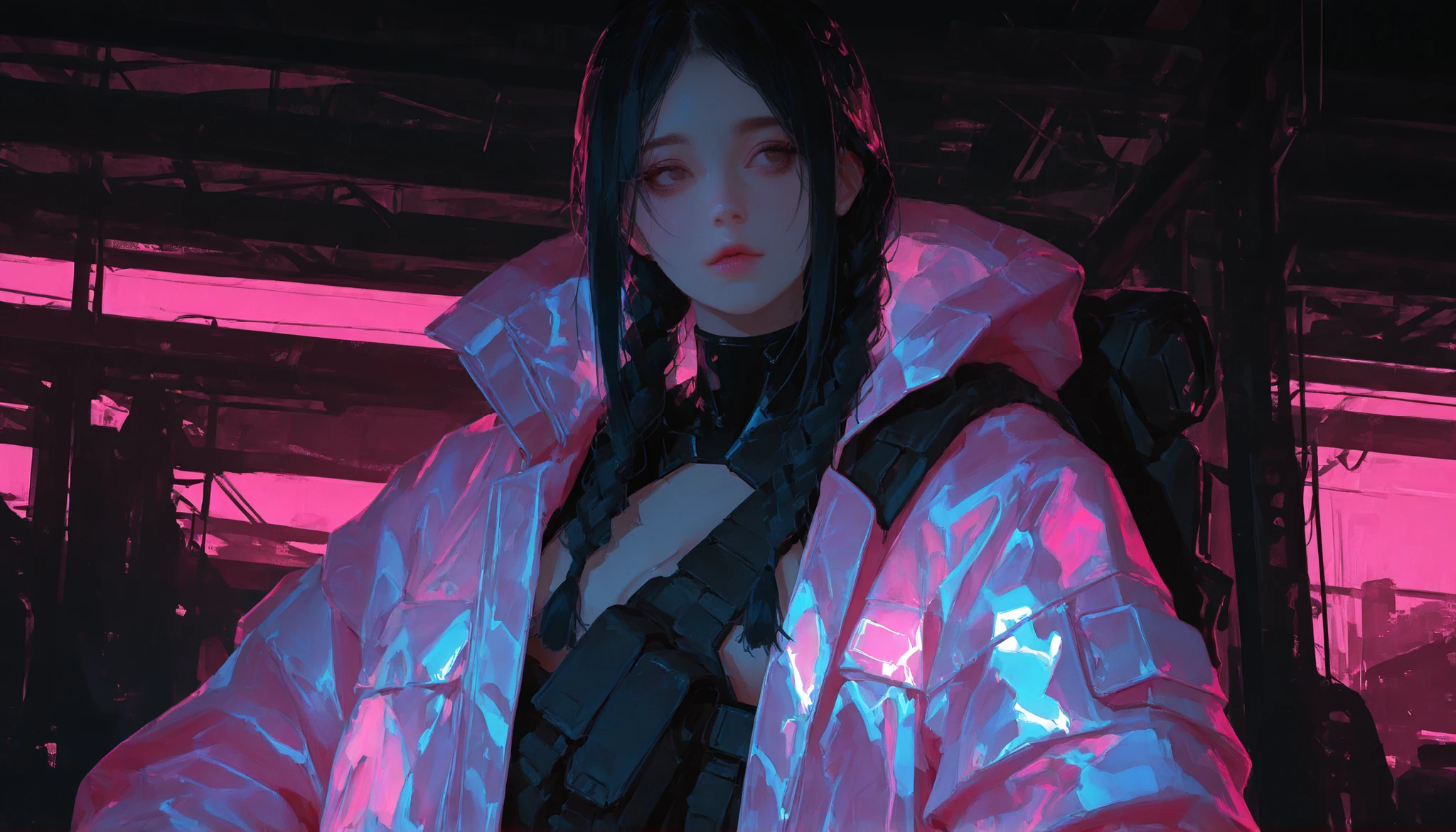 ultra-detailed portrait of a beautiful young woman with fair skin and soft, delicate features, straight black hair in two braided pigtails, calm expression, large brown eyes, soft pink lips, wearing a futuristic iridescent jacket with subtle tech elements, small utility backpack, soft rim lighting, sci-fi background, sleek aesthetic, cyberpunk-lite, front-facing symmetrical shot, high resolution, cinematic lighting, clean digital rendering