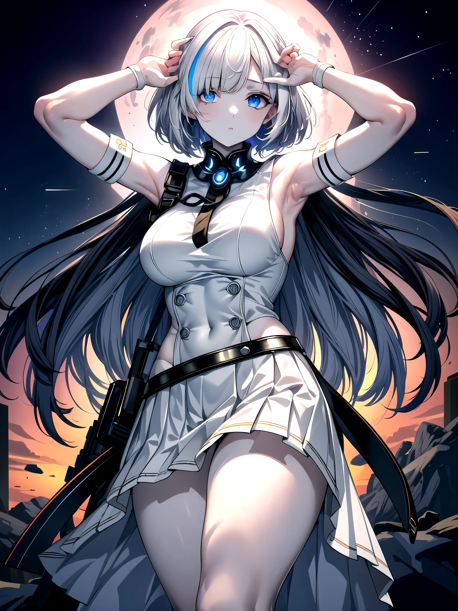 (((masterpiece, best quality, ultra high resolution))), (((wide shot))), 1 girl, standing, uniform, white office shirt, Black Pleated Skirt, ((light brown hair:0.7)), Long Haircuts, pale skin, ((blue eye)), Shine_eye, neon eye, (ultra detailed eye, Beautiful and delicate face, detailed eye), ((subject placed in the center)), ((wide shot)), Towards Viewers, eye線, (sunset background),, Watch Viewers, ((half closed eye)), ((perfect hand in h)), (((head:0.9, weapons, standing, Elbow, holes in my nose))), ((I put my hands around my back)), empty eye, beautiful lighting, outside, 屋outside, shooting star:0.7, background, Defined Subject , huge hot sun, Age 25
