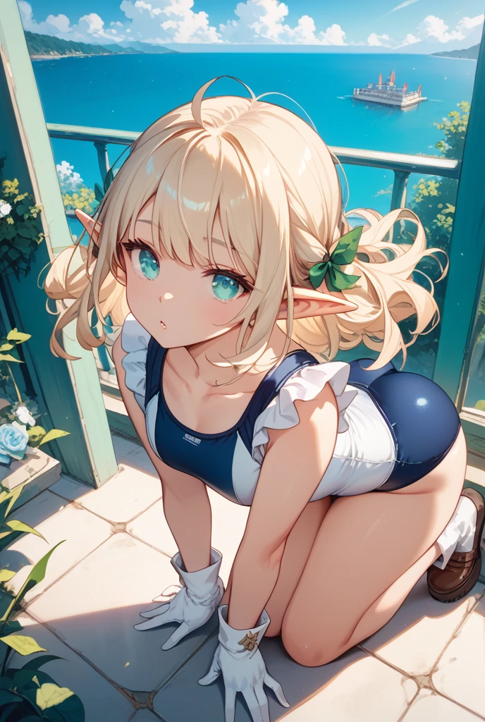 masterpiece,16k,8k,Delicate expression,highest quality,high resolution,High resolution,Sweat,1girl,look at viewer,blush,happy smile,sweat stains,steam,wet,fish eye lens,cowboy shot,summer,from front,from above,(pov:1.4),fisheye lens,upper body,show your oral,open mouth,kiss,long tongue out,show off armpits,sleeveless,pool,blond hair,green eyes,cat eyes,sitting,school swimsuit