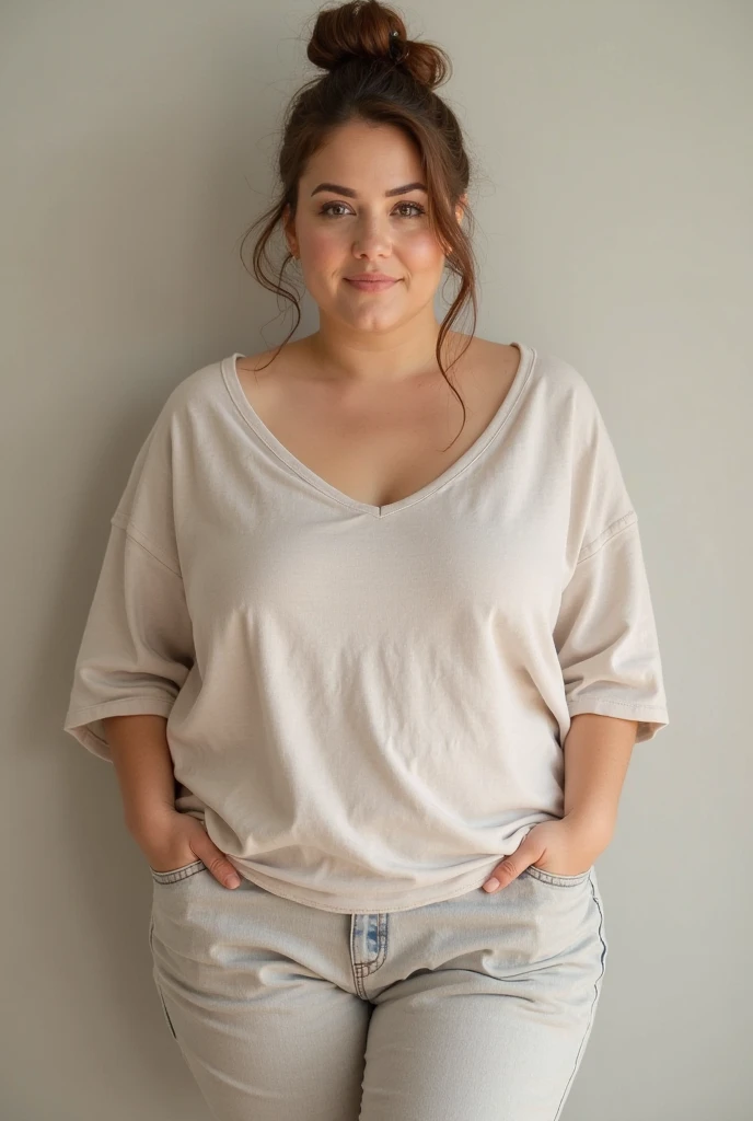Chubby woman size XXXL posing standing in exclusive clothing in jeans or loose clothing and a pretty blouse
