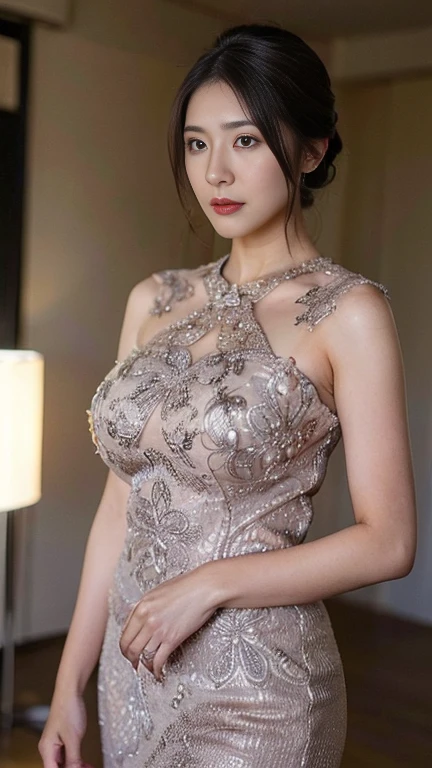 8K, Masterpiece, RAW photo, Best quality, Photorealistic, Extremely detailed CG unifies 8K wallpapers, Depth of field, Cinematic light, Lens flare, Ray tracing, (Extremely beautiful face, Beautiful lips, Beautiful eyes), intricate detail face, ((ultra detailed skin)) 1girll, In the dark, deepshadow, Pretty Korean girl, Kpop idol, 1 girl, (Very slim and slender muscular body:1.3), ((view the viewer)),(Big smile:1.3), (Pink shirt), (Sleeveless) , (Fashion night, Dark night, (neon lights sign), (Blurred background), Fashion Street Night),(No one is in the background:1.3), Beautiful earrings, bangle, necklace, Pantyhose, Clear eyes, Walking, (Pale skin), (Big eyes), Face forward, ((upperbody shots)), ((High neck silk dress:1.3)),(brown hairs),((High neck tight tie dress)), (see through), (view the viewer:1.3) open breast, Very slim, Medium breasts, Turn Back, Back shot, see through