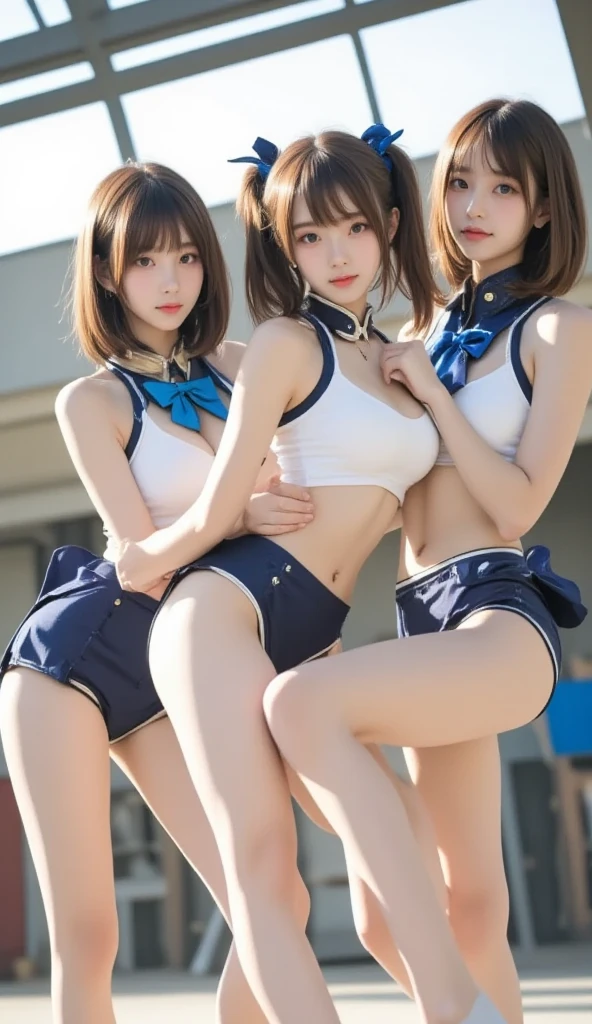 (8x_NMKD-Superscale_150000_G), (best quality), (high resolution), ((Group photo, head to thigh)), (frontal view), ((3 cheerleaders, 20 years old, trapped by me, brainwashed to obey me, line up in front of me, waiting for orders, protect me as cheerleader combatants)), (((collar around the neck))), ((Blue cheerleading costume, Neck bra with cleavage showing, navel showing, panties digging into crotch)), (Special kill! Sexy boob beam)