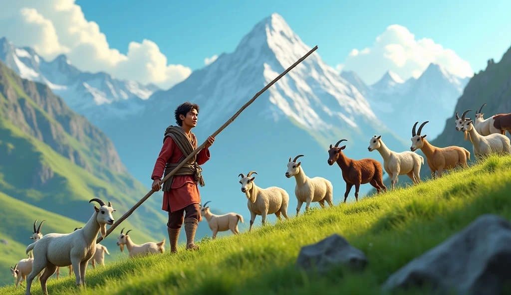 Animated image of a young poor Muslim man carrying a small cow on his shoulders climbing a mountain