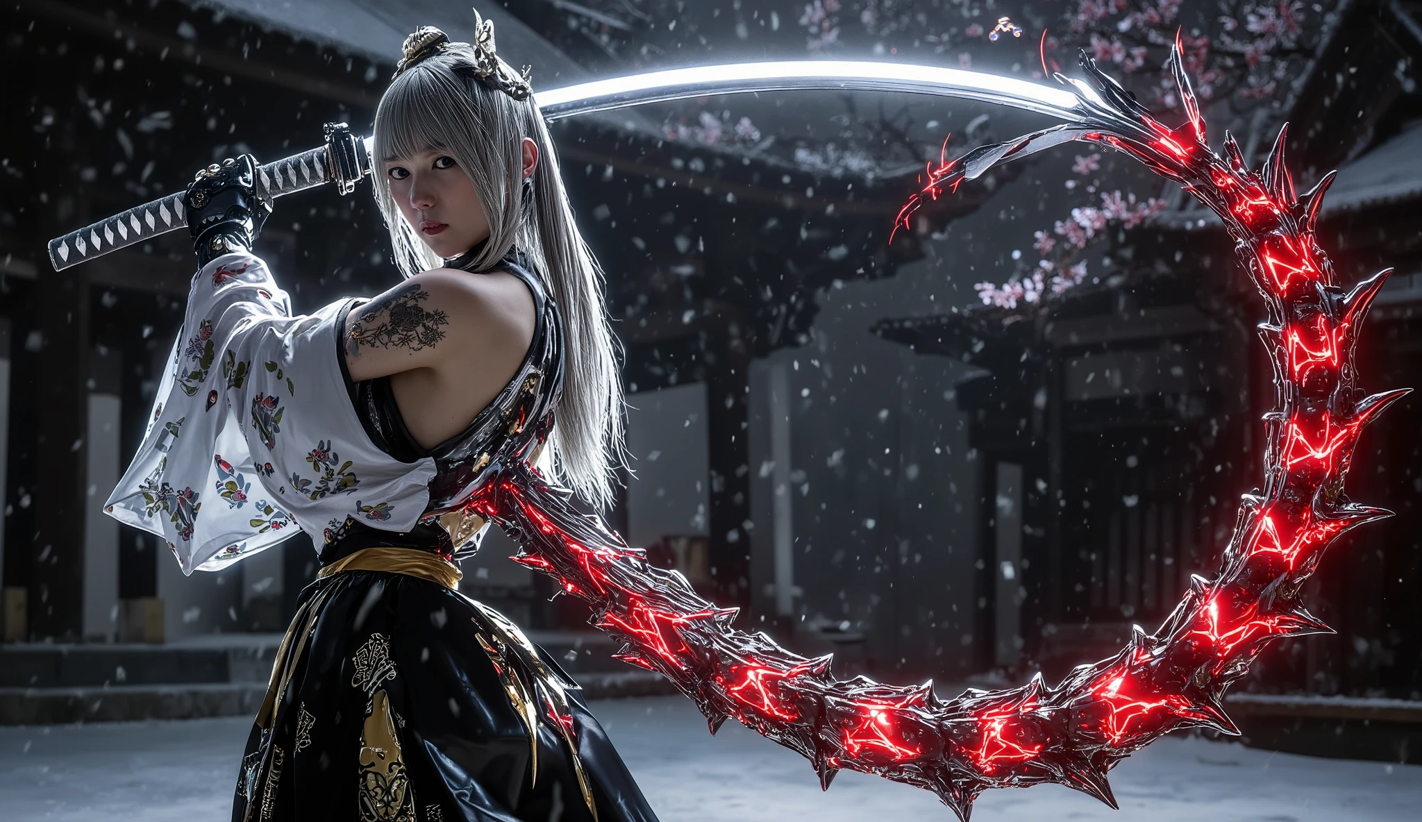 (Grand Prix winning combat movie scene rendered in 8K resolution)、(masterpiece)、 moonlight 、 excited 、((Full body illustration 1 .5))、((Figure pulling out a sword ))、 wide full shot 、 photorealistic, 高精細CG, best image quality, 8k, HQ, is extremely fine, (I have a big sword of red flame:1.2)、 holding a Japanese sword with red lightning in my hand、 Extraordinary Beauty、Snow and cherry blossoms dance at night、 the dim light shines 、Ancient temple background 、私はholding a Japanese sword with red lightning in my hand美しい黒い , white, and a golden kimono 、(refined, feminine silhouette:1.4)、( perfect style:1.1)、( :1.3)、((( cyberpunk with silver and red limbs )))、( white and black gradient hair)、( Tattoo:1.3)、Perfect Headdress 、 perfect earrings