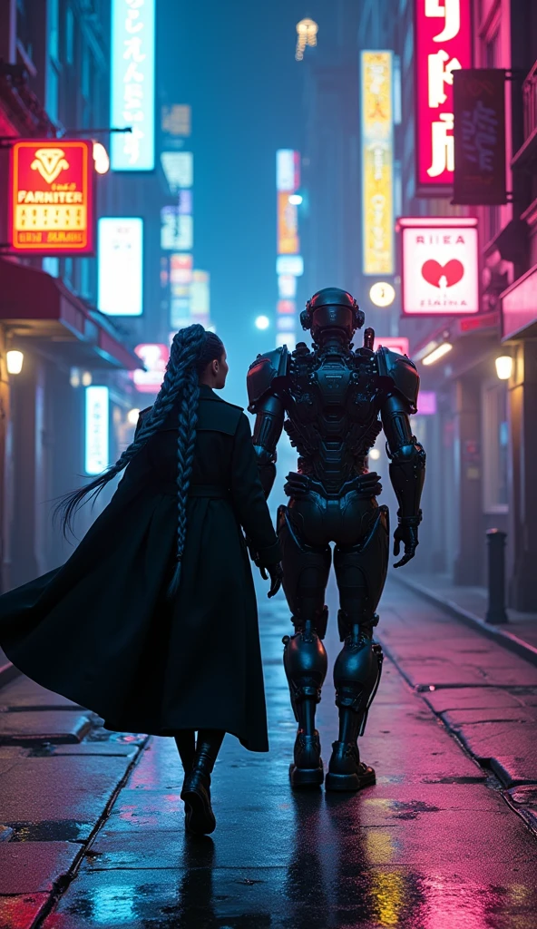A futuristic dark cyber police girl accompanied by a dark and mysterious cyborg, they walk in a street of a city of the future, along the way you can see carcasses and monstrous mice