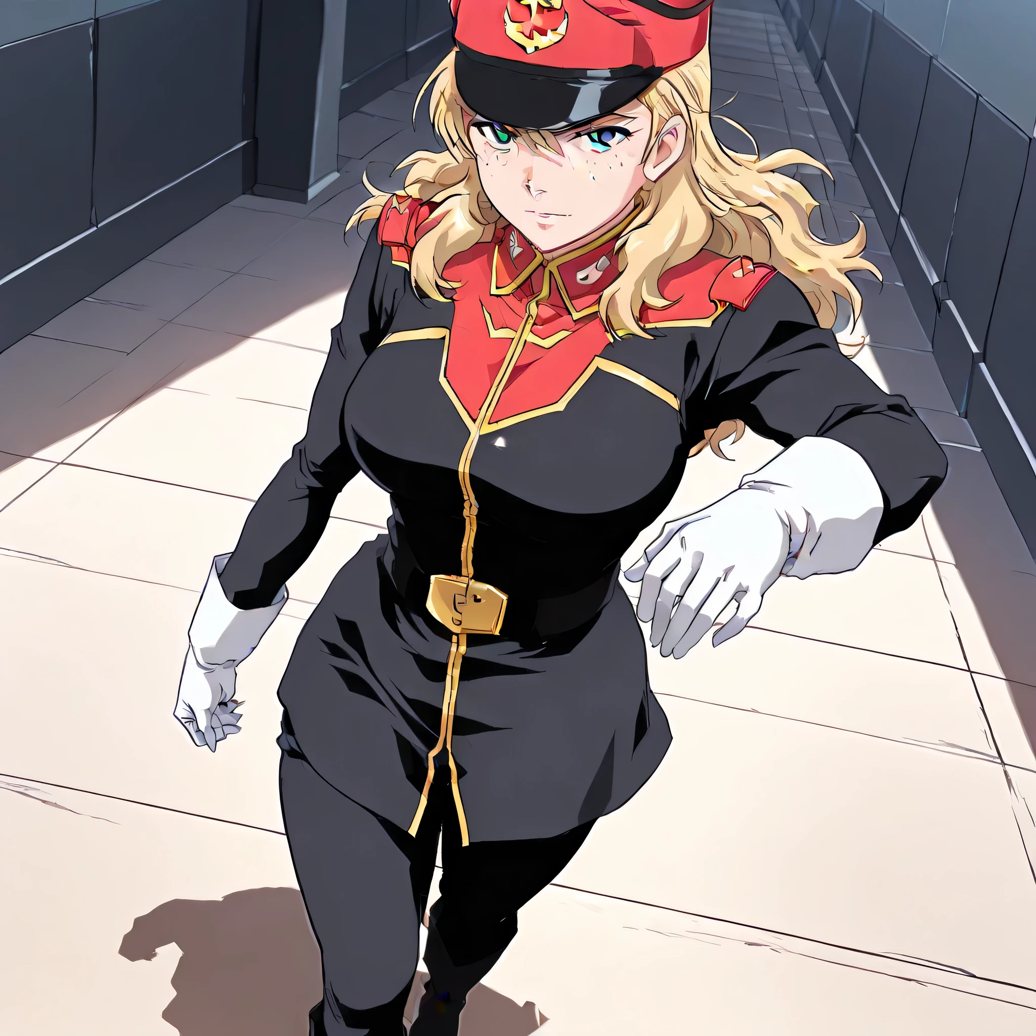 ultra-High resolution, score_9,score_8_up,score_7_up,score_6_up,score_5_up,score_4_up, BREAK, source_anime, anime screencap, uncensored, rating_explicit, Masterpiece, curvy, dark persona, looking at viewer, Fighting Stance, (((solo, 1girl))), hair ornament, (((zabiarov, military uniform, white gloves, black pants, boots, black uniform))), ZetaGBTT, seductive pose, submissive pose, large breast, kay nimrod, freckles, green eyes, blonde hair, long hair, cap, walking, dutch angle