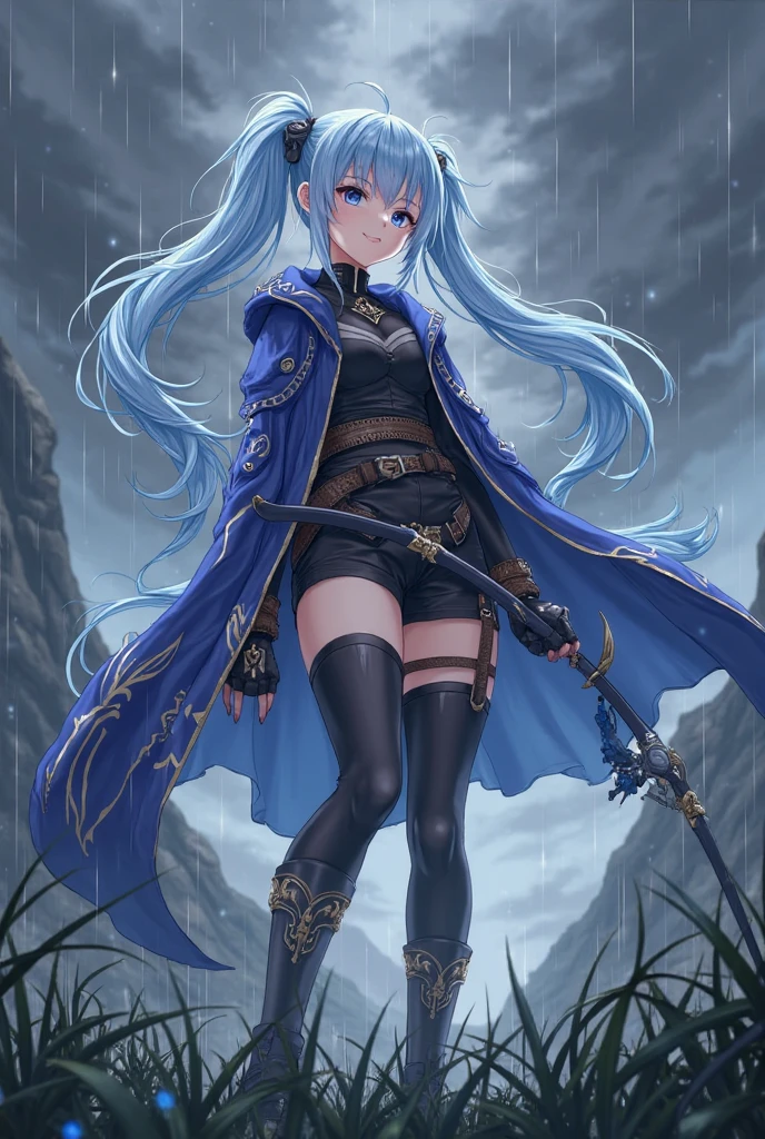 Anime Style Images, full body image, The image is full head to toe. The girl, Gorgeous Face, Light Blue Hair, , long hair to the middle of the back, Double ponytail hair, . The front hair is shaped to fit the delicate and spectacular face., the blue eyes, Proportional curved shape, BREAK armor, Tight shirt with dark black sleeves, เสื้อสั้นโชว์navel, navel, dark black shorts, concave high, the set is very nice, the set looks good, the set is very well put in, Stylish outfit, Wearing an indigo windbreaker decorated with gold patterns, Thigh-length windbreaker, windbreaker sleeve right collar, Hip length left windbreaker sleeve, windbreaker without collar, windbreaker put on and look good, windbreaker size, Half-finger black gloves for easy handling of bows and arrows, Shoulder Pad , } With a black strap and belt to help stretch the dress, black boots decorated with gold patterns,  look at the audience, The face shows a cheerful bright smile, perfect hands, perfect , The background is a steep valley, The sky is full of black clouds, Maximum resolution,  maximum contrast, Left hand holding an indigo long bow, the bow is beautiful, The bow looks good, the bow is very cool, No bow envelope, . A light breeze blows through the girl's body, causing the girl's hair and an indigo sparkle to flutter along the wind., Heavy rain, The figure of the girl grass is seen through a mirror filled with raindrops