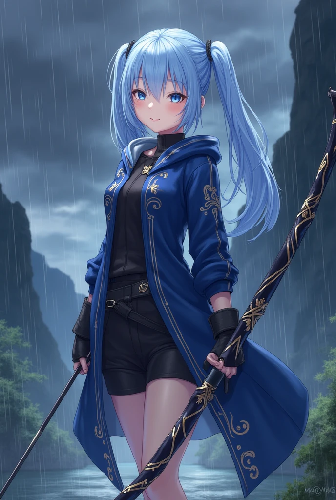 Anime Style Images, full body image, The image is full head to toe. The girl, Gorgeous Face, Light Blue Hair, , long hair to the middle of the back, Double ponytail hair, . The front hair is shaped to fit the delicate and spectacular face., the blue eyes, Proportional curved shape, BREAK armor, Tight shirt with dark black sleeves, เสื้อสั้นโชว์navel, navel, dark black shorts, concave high, the set is very nice, the set looks good, the set is very well put in, Stylish outfit, Wearing an indigo windbreaker decorated with gold patterns, Thigh-length windbreaker, windbreaker sleeve right collar, Hip length left windbreaker sleeve, windbreaker without collar, windbreaker put on and look good, windbreaker size, Half-finger black gloves for easy handling of bows and arrows, Shoulder Pad , } With a black strap and belt to help stretch the dress, black boots decorated with gold patterns,  look at the audience, The face shows a cheerful bright smile, perfect hands, perfect , The background is a steep valley, The sky is full of black clouds, Maximum resolution,  maximum contrast, Left hand holding an indigo long bow, the bow is beautiful, The bow looks good, the bow is very cool, No bow envelope, . A light breeze blows through the girl's body, causing the girl's hair and an indigo sparkle to flutter along the wind., Heavy rain, The figure of the girl grass is seen through a mirror filled with raindrops