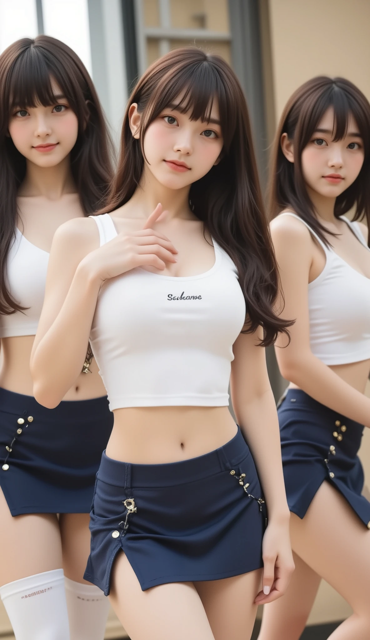 (3 girls)Masterpiece, Highest quality, 8ก, beautiful girl, young face、Wear a big outfit 、((big breasts:1.0)), photography, Cute face, thigh, classroom after school, Embarrassing、smile、No makeup, ten generations, detailed face, background bokeh、small waist、tank top、 thighสูง,Wear a white skirt and shirt that shows off your breasts..
