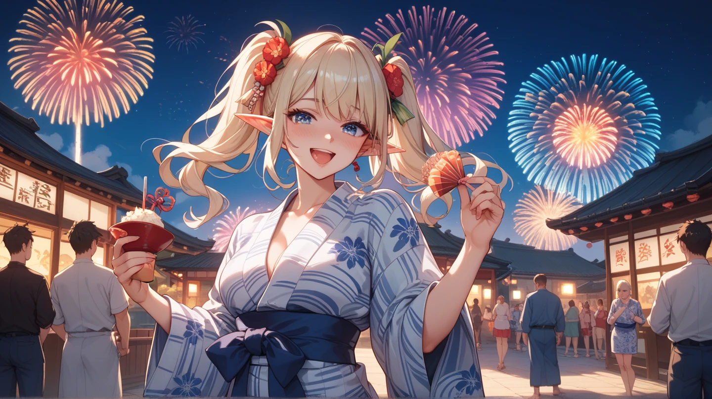 (highest quality)), ((masterpiece)), (family friendly), Perfect Face,Shiny skin,Beautiful breasts,Shiny skin、Kyoto Animation style painting、Hair、Golden Eyes、Sunburned skin、night、Braided Hair、(((firework)))、(((night)))、Sit on a bench、(((Sweat)))、
、kimono、((stall))
、profile、(((Holding a fan)))、smile、Looking up at the sky