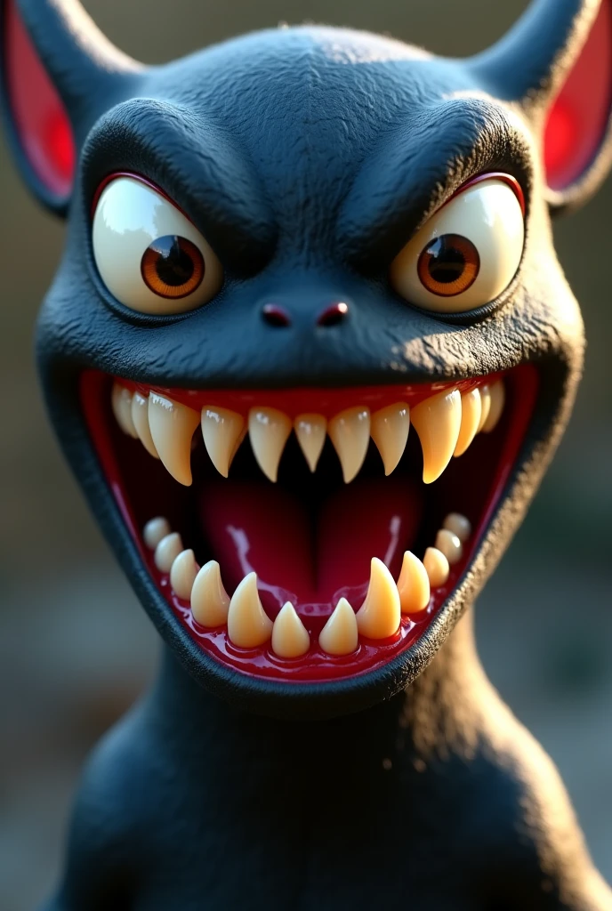Dark ominous alien face, laughing, evil, pointy teeth, long teeth, wide black eyes, raised eyebrows, open mouth smiling