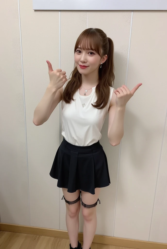 one person、whole body photos、Blonde、Navy blue polo shirt、Cleavage、Black mini skirt、fun、Blonde、14 years old、whole body、slender、woman、White drool coming out of the mouth、Twin tails、Fair skin,Super cute、Soft and Face、Brown Hair、8K resolution、Surreal、Ultra high definition、 Soft Body、A-cup small breasts((Highest resolution、8k、masterpiece:1.3))、Ultra-fine face、Ultra Fine Lips、Beautiful Eyes、double eyelid,Slender figure、I can see your thighs、Shapely small breasts、Light blue wall、Looking at the viewer with his back turned、smile、Stick your butt out、sexy